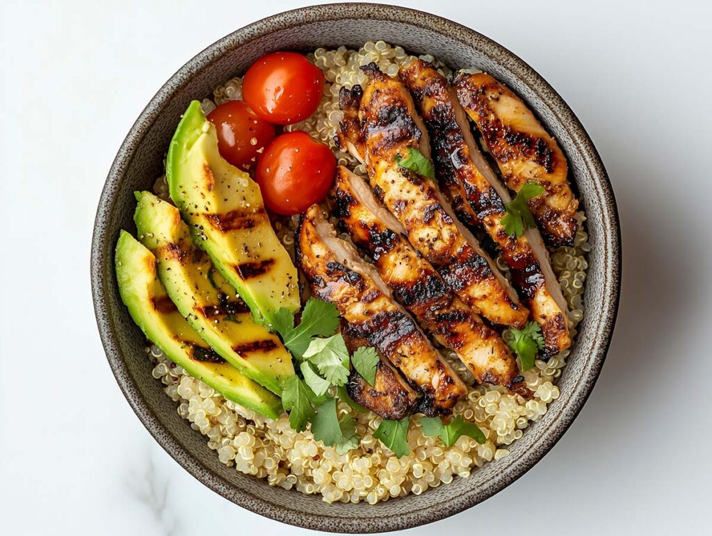 Grilled chicken bowl with avocado and cherry tomatoes