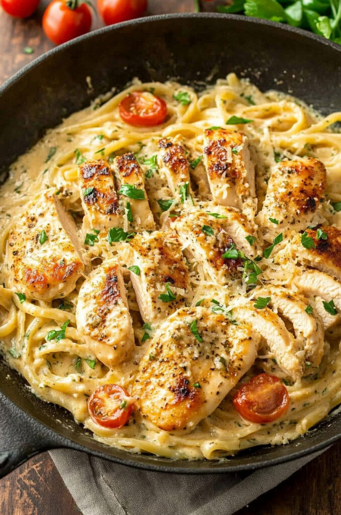 Creamy pasta with chicken and herbs